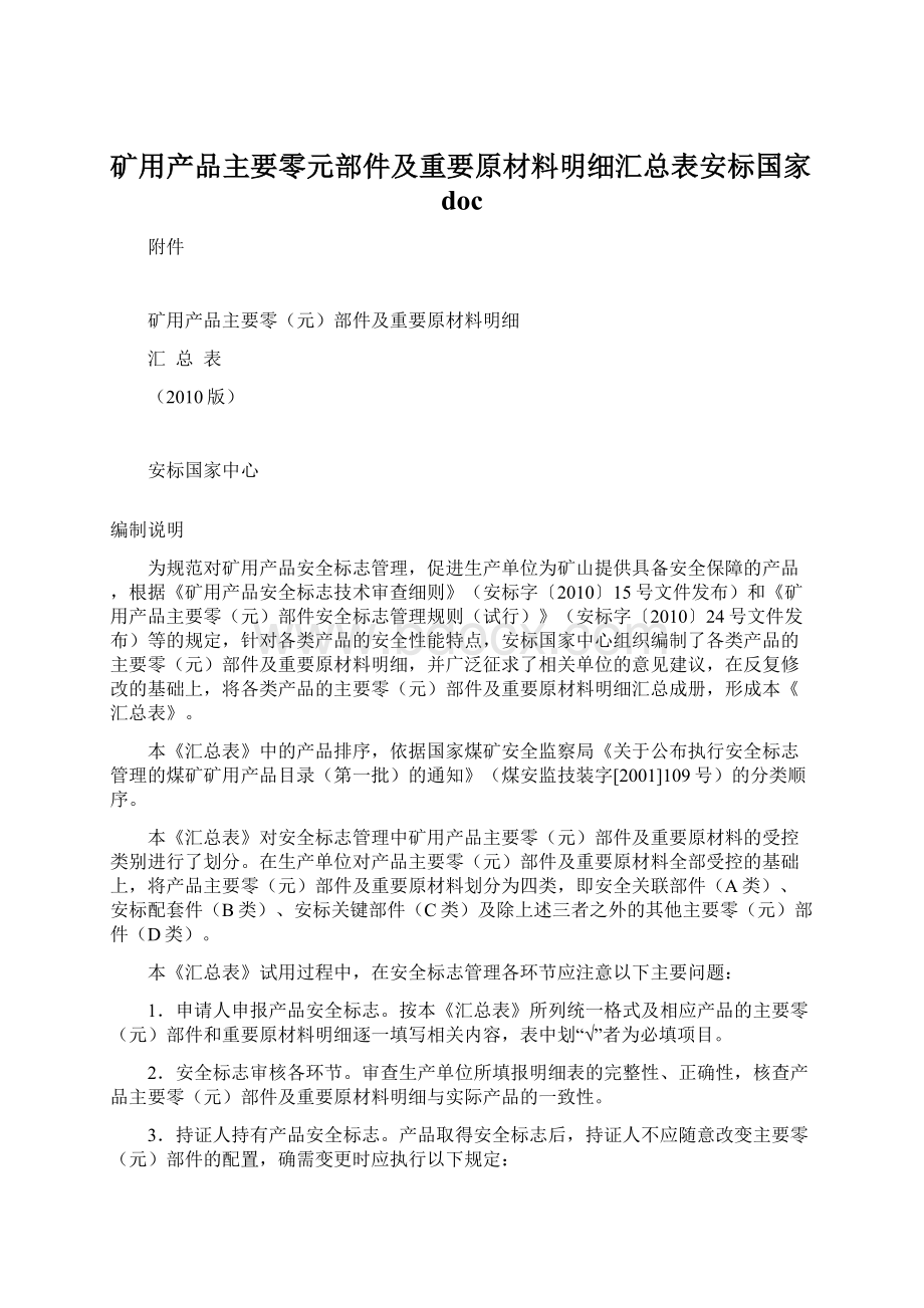 矿用产品主要零元部件及重要原材料明细汇总表安标国家doc.docx