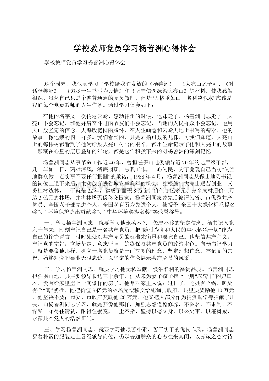 学校教师党员学习杨善洲心得体会.docx