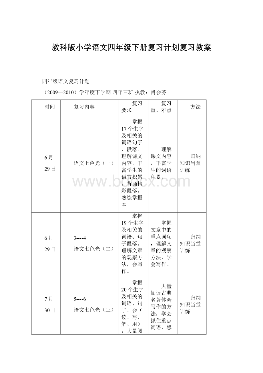 教科版小学语文四年级下册复习计划复习教案Word格式文档下载.docx