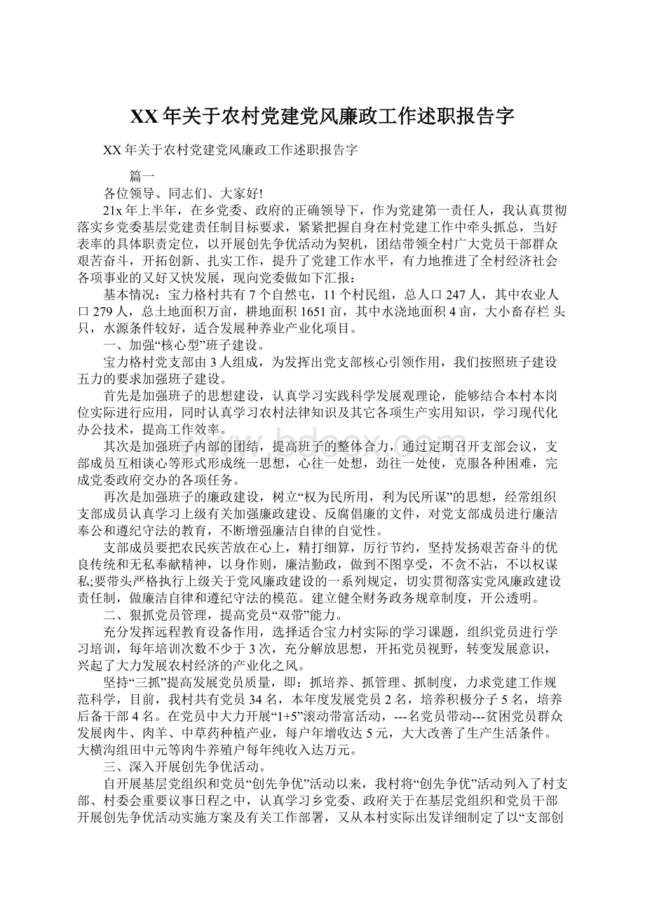 XX年关于农村党建党风廉政工作述职报告字Word格式.docx