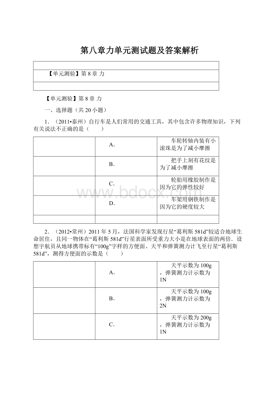 第八章力单元测试题及答案解析.docx_第1页