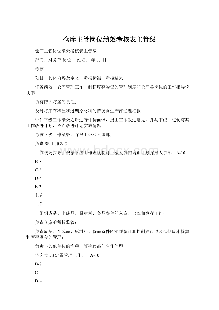 仓库主管岗位绩效考核表主管级.docx_第1页