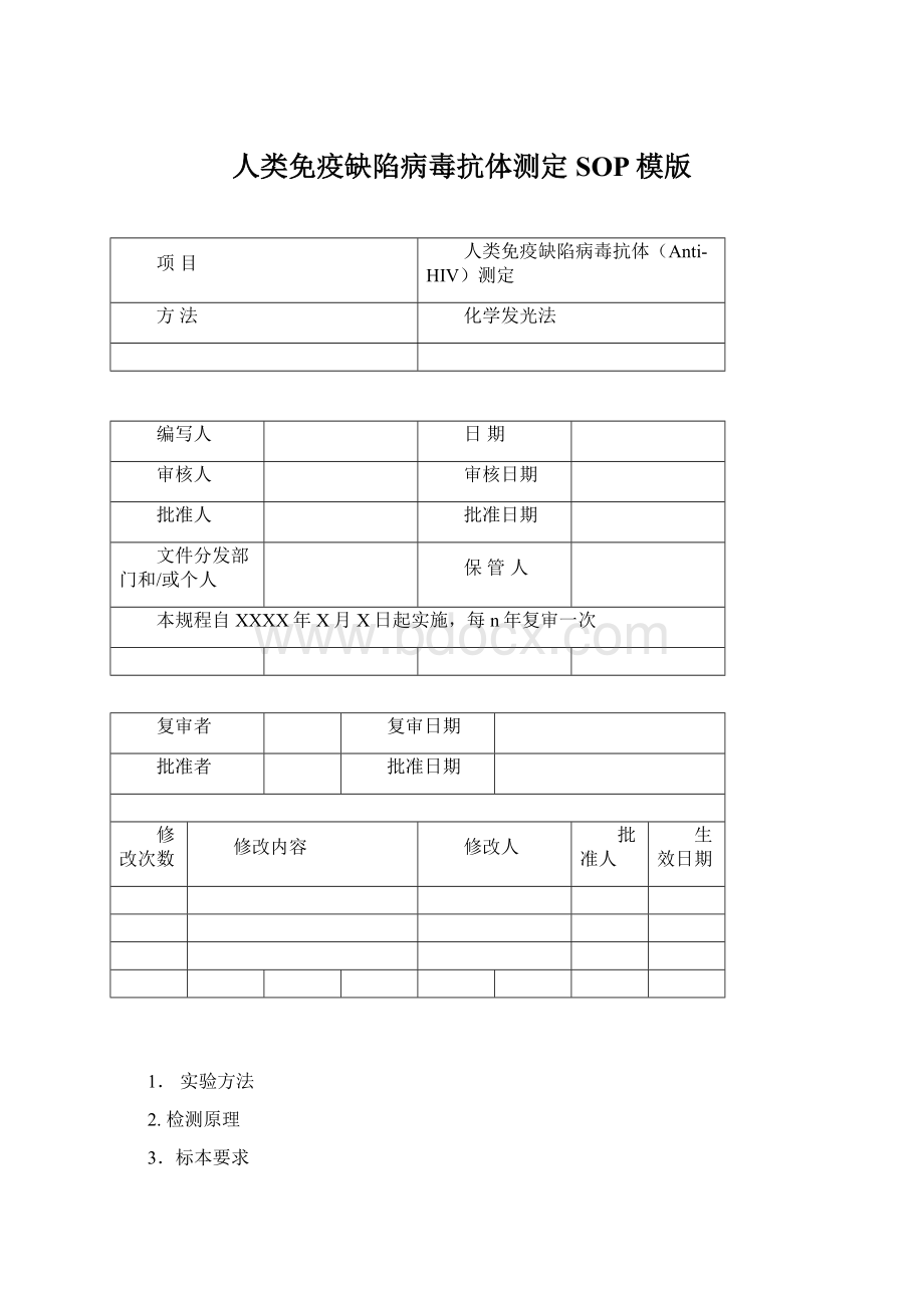 人类免疫缺陷病毒抗体测定SOP模版Word下载.docx