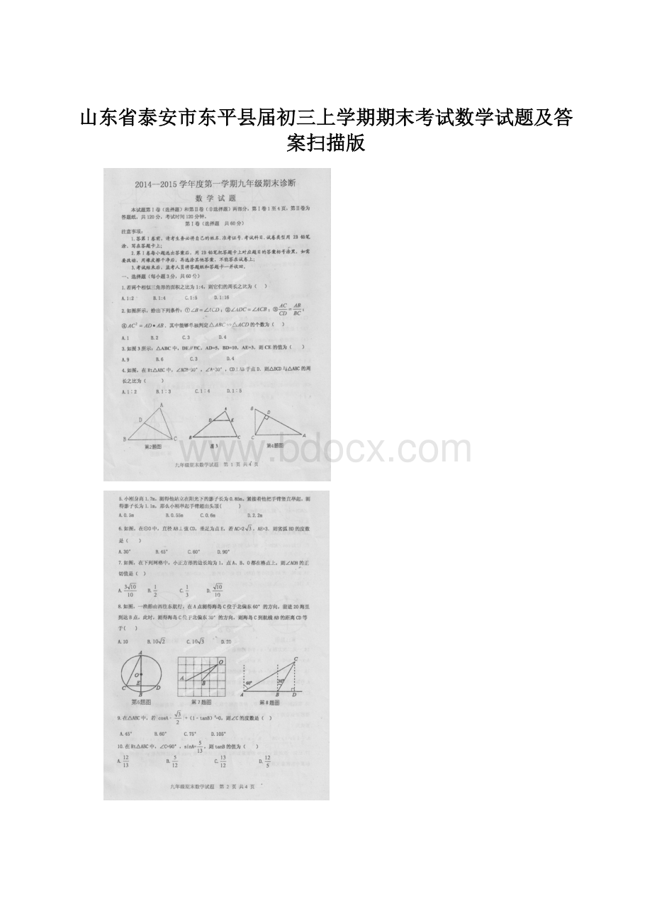 山东省泰安市东平县届初三上学期期末考试数学试题及答案扫描版.docx_第1页