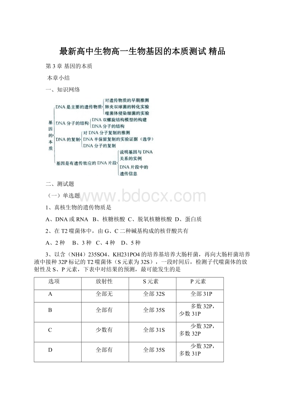 最新高中生物高一生物基因的本质测试 精品.docx_第1页