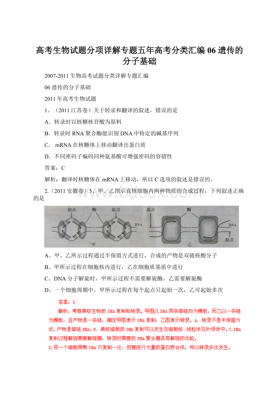 高考生物试题分项详解专题五年高考分类汇编06 遗传的分子基础.docx