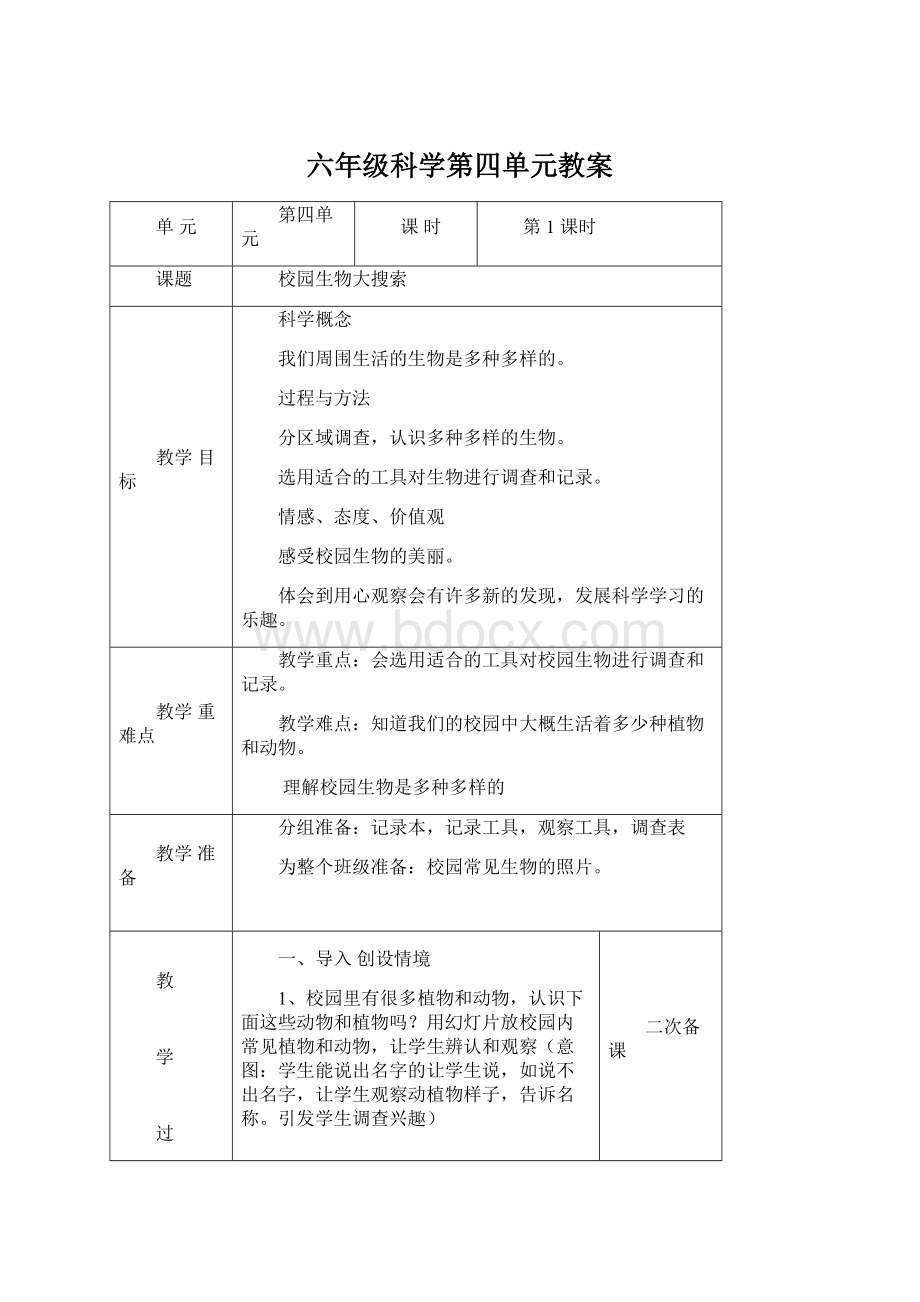 六年级科学第四单元教案Word文档下载推荐.docx_第1页