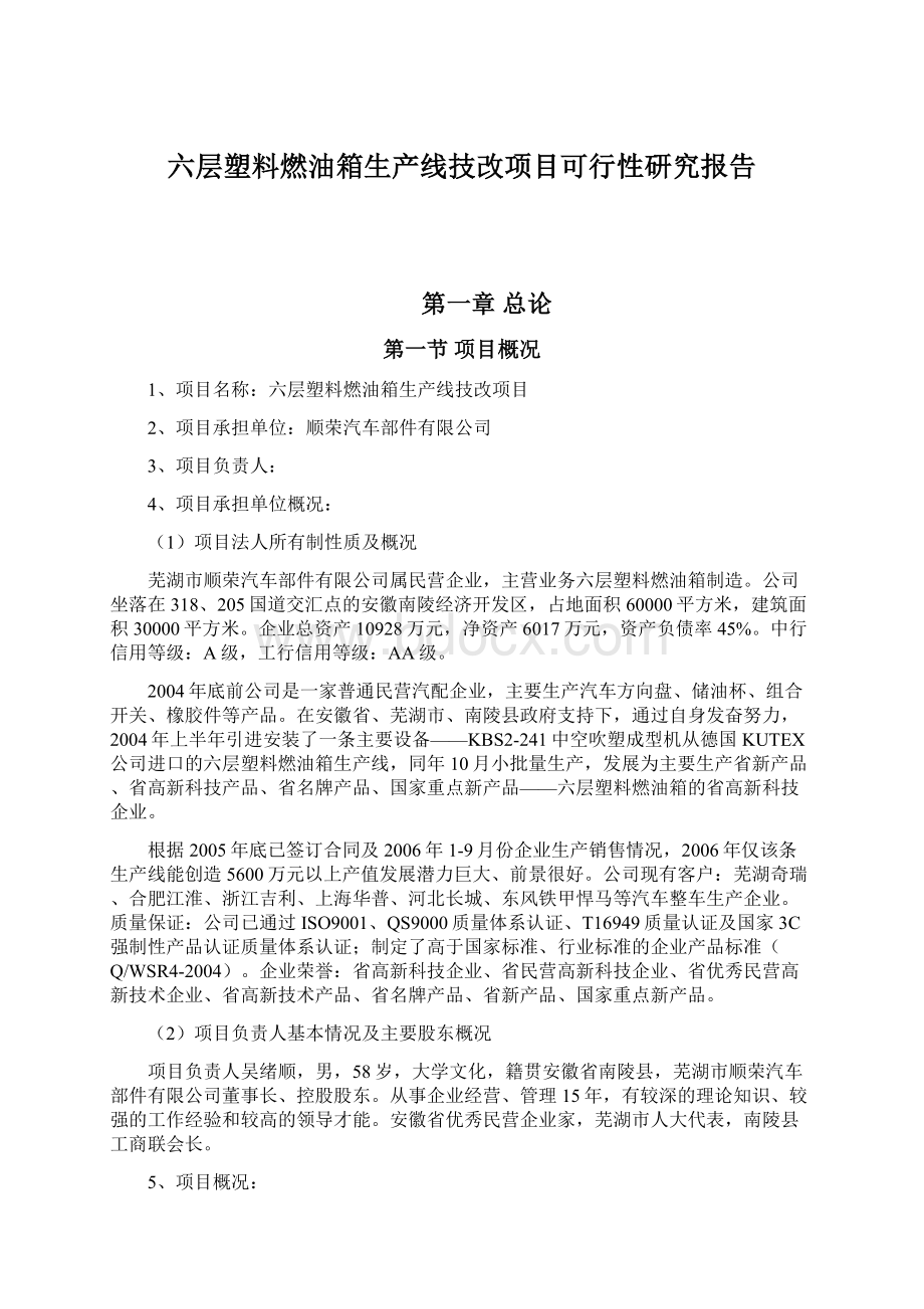 六层塑料燃油箱生产线技改项目可行性研究报告.docx_第1页