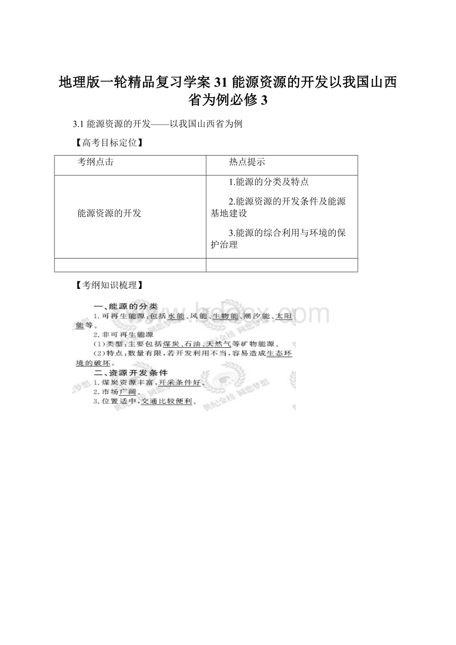 地理版一轮精品复习学案31 能源资源的开发以我国山西省为例必修3.docx_第1页