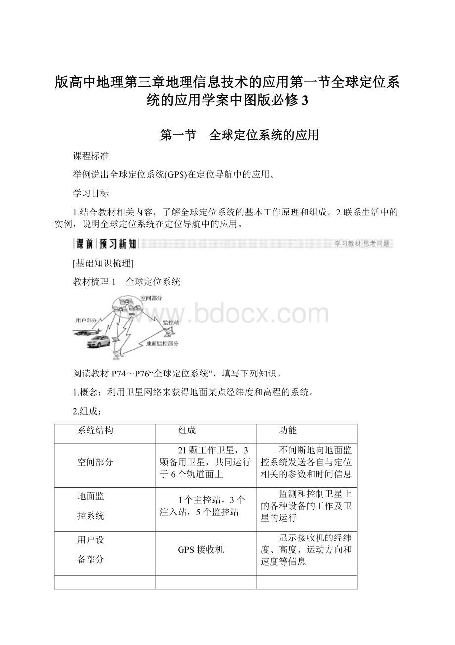 版高中地理第三章地理信息技术的应用第一节全球定位系统的应用学案中图版必修3.docx_第1页