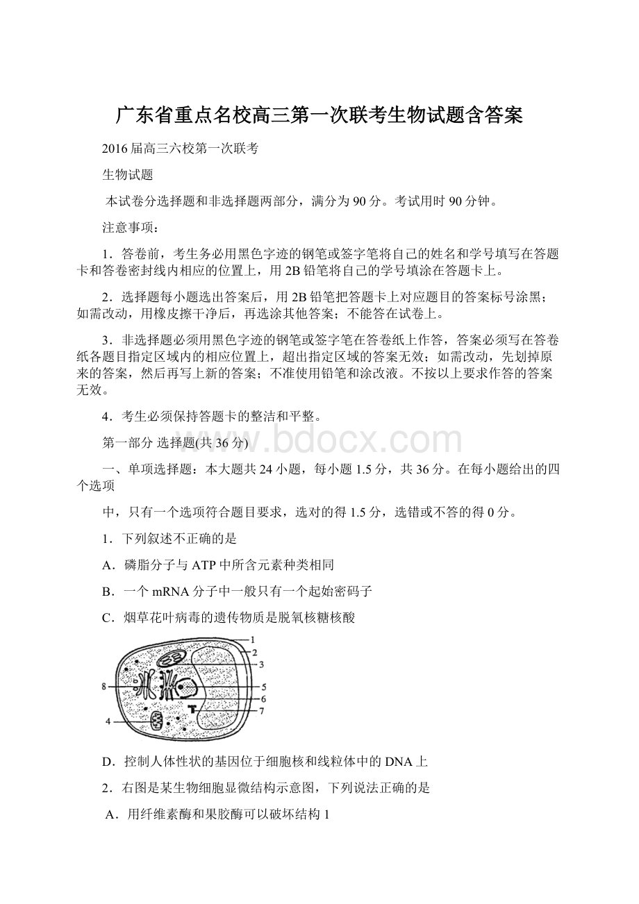 广东省重点名校高三第一次联考生物试题含答案.docx_第1页