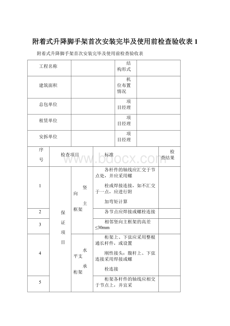 附着式升降脚手架首次安装完毕及使用前检查验收表 1.docx