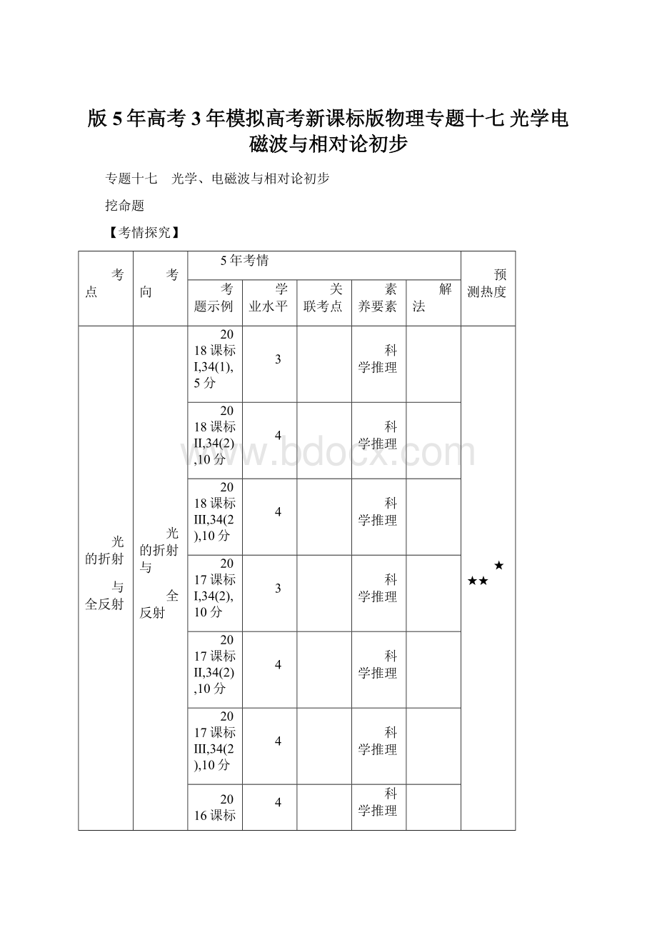 版5年高考3年模拟高考新课标版物理专题十七 光学电磁波与相对论初步Word格式.docx_第1页