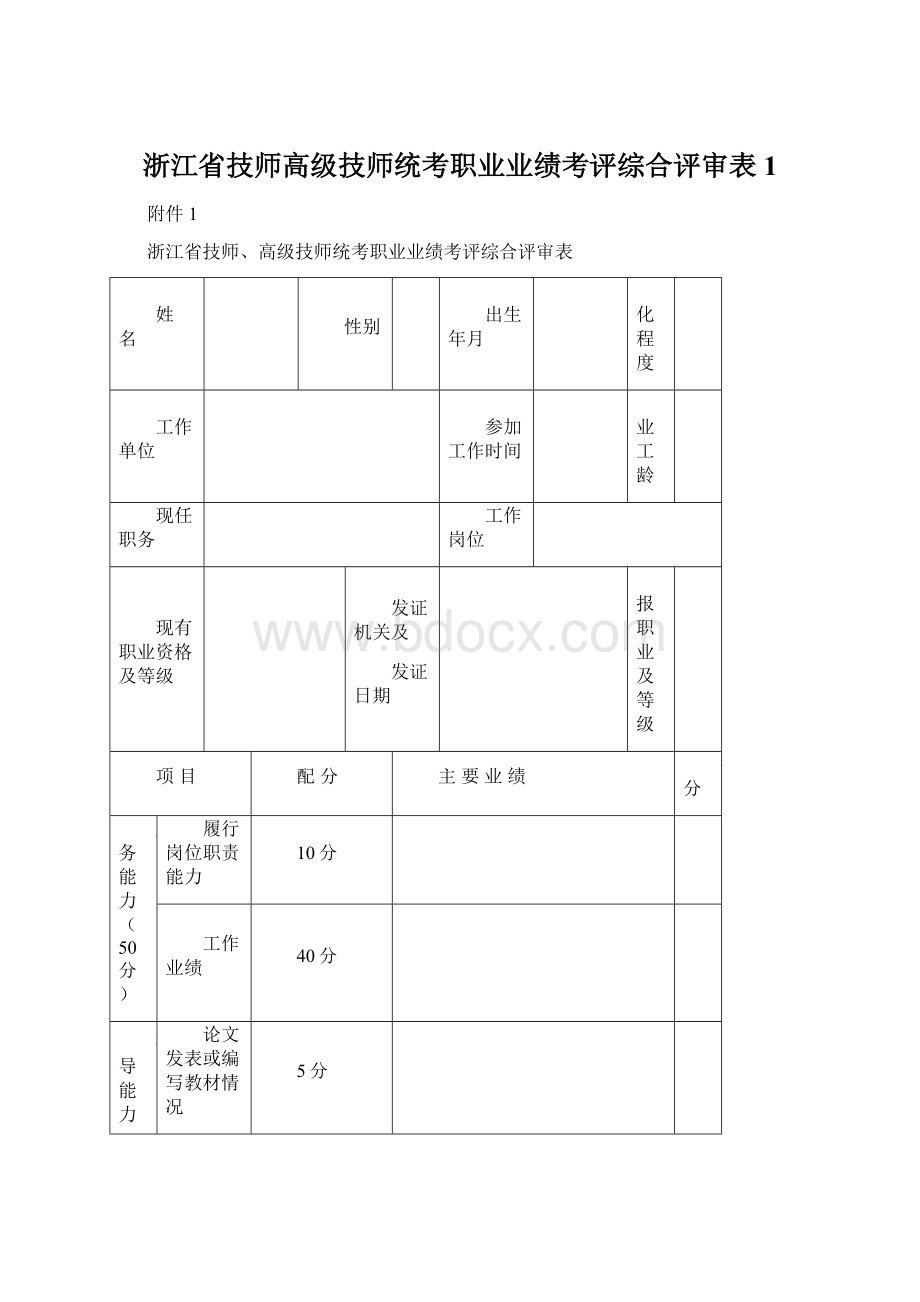 浙江省技师高级技师统考职业业绩考评综合评审表1Word文件下载.docx_第1页