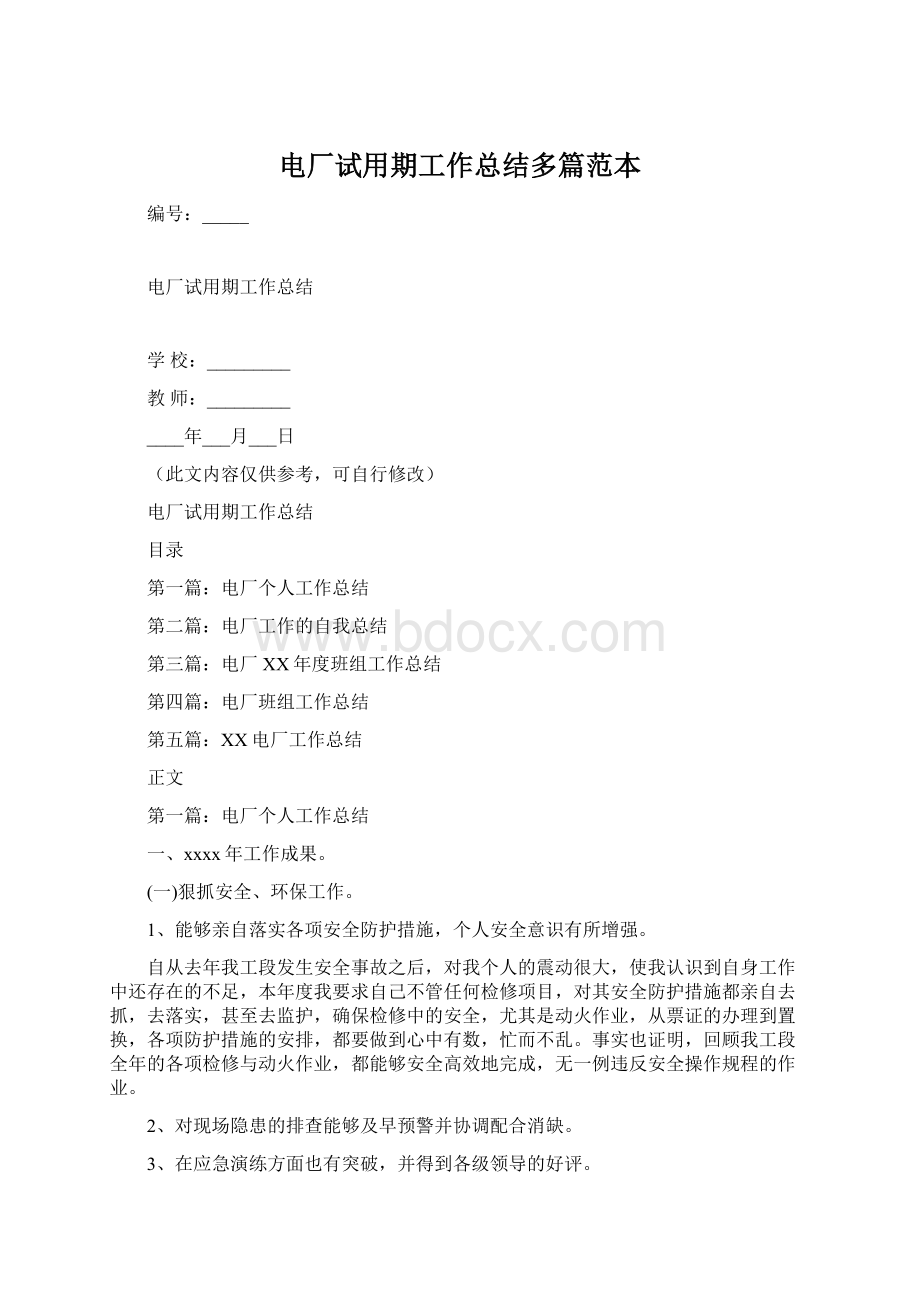 电厂试用期工作总结多篇范本.docx_第1页