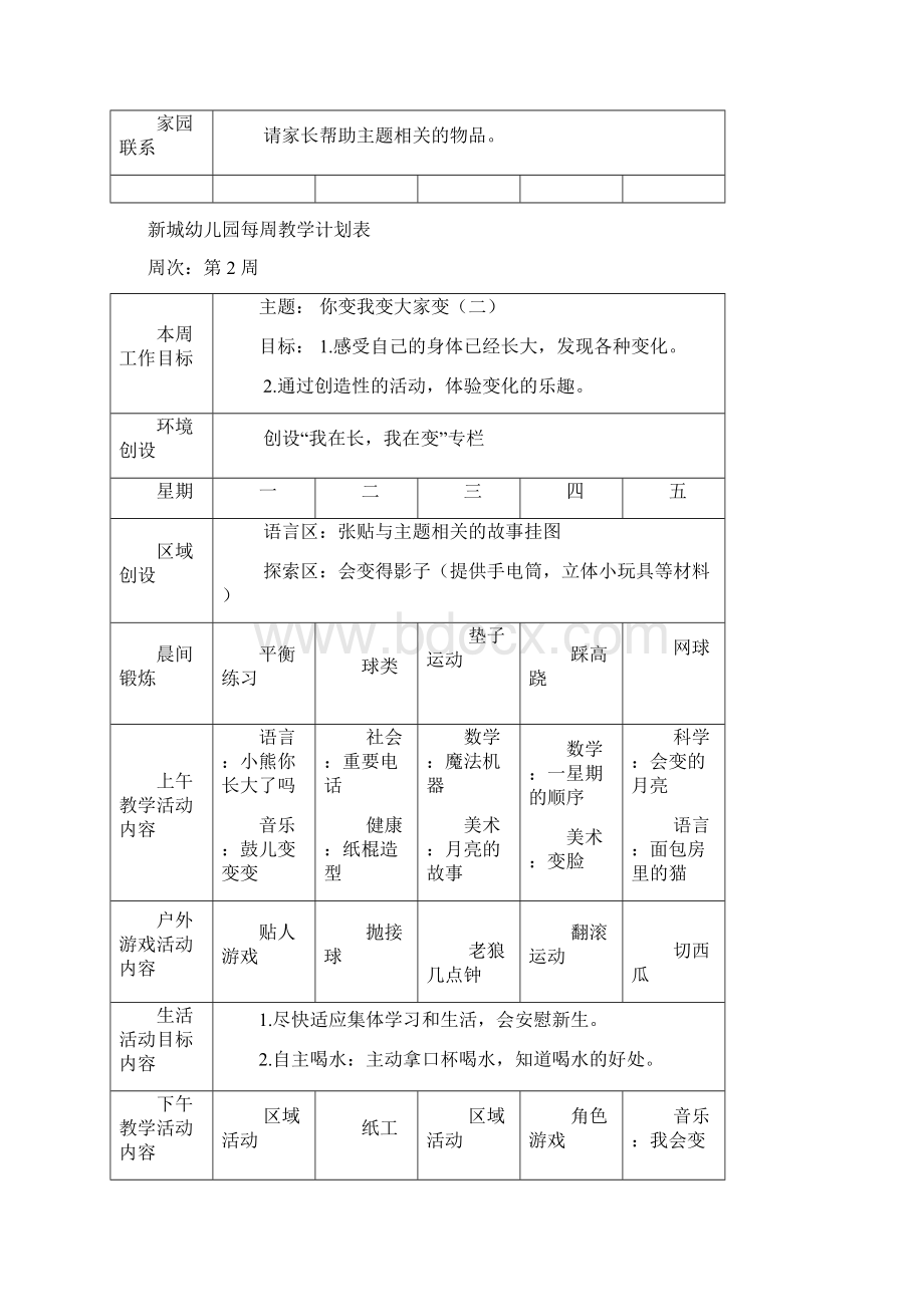 幼儿园大班每周教学计划表第一学期Word下载.docx_第2页