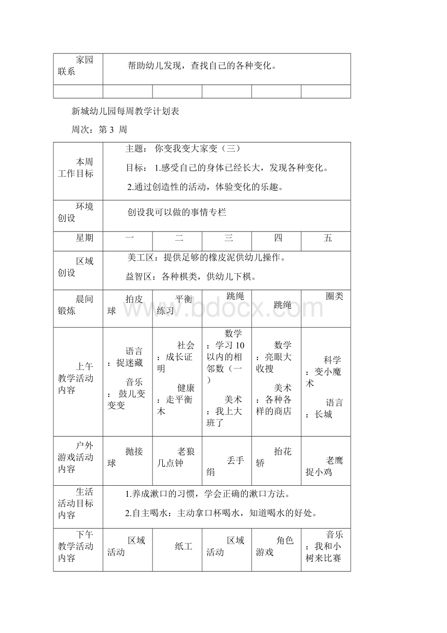 幼儿园大班每周教学计划表第一学期Word下载.docx_第3页