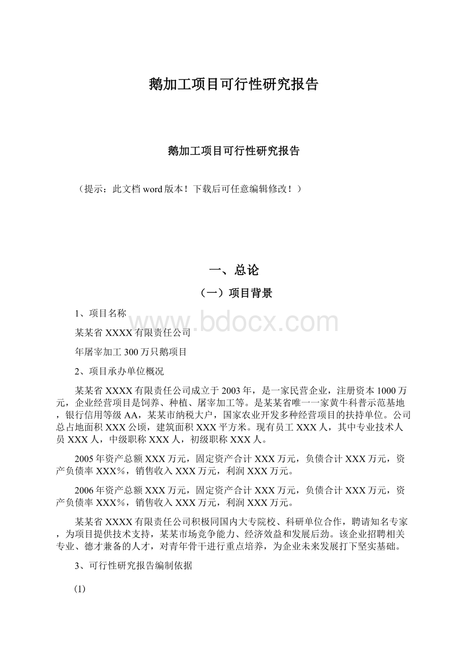 鹅加工项目可行性研究报告.docx_第1页