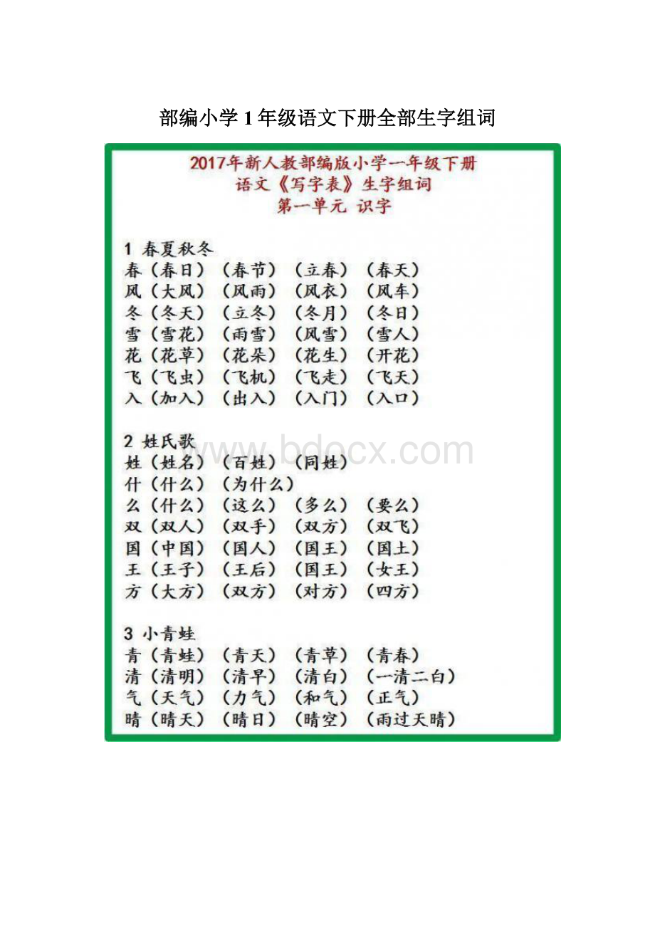 部编小学1年级语文下册全部生字组词Word文档下载推荐.docx