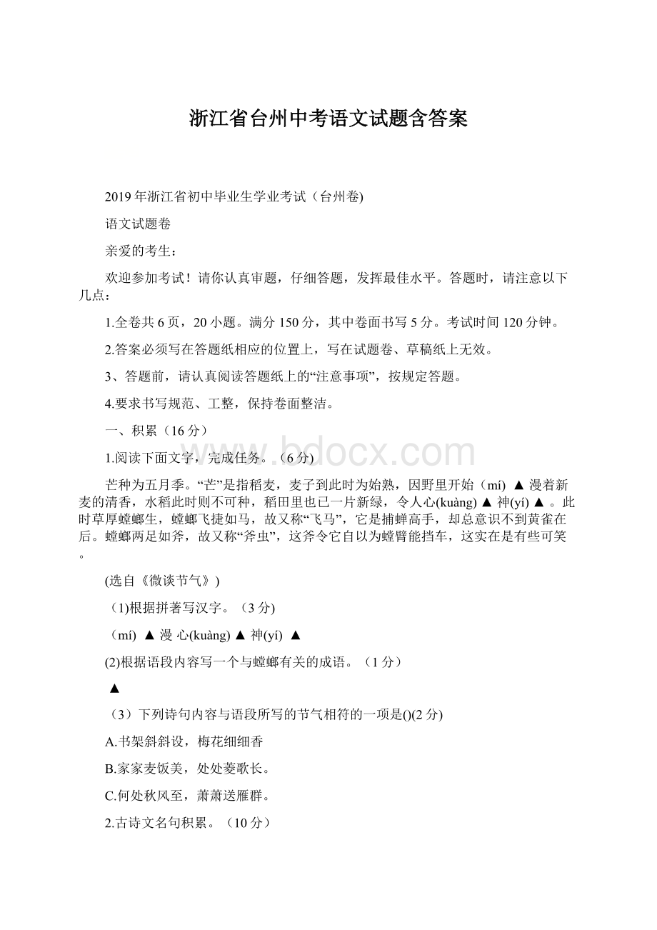 浙江省台州中考语文试题含答案.docx