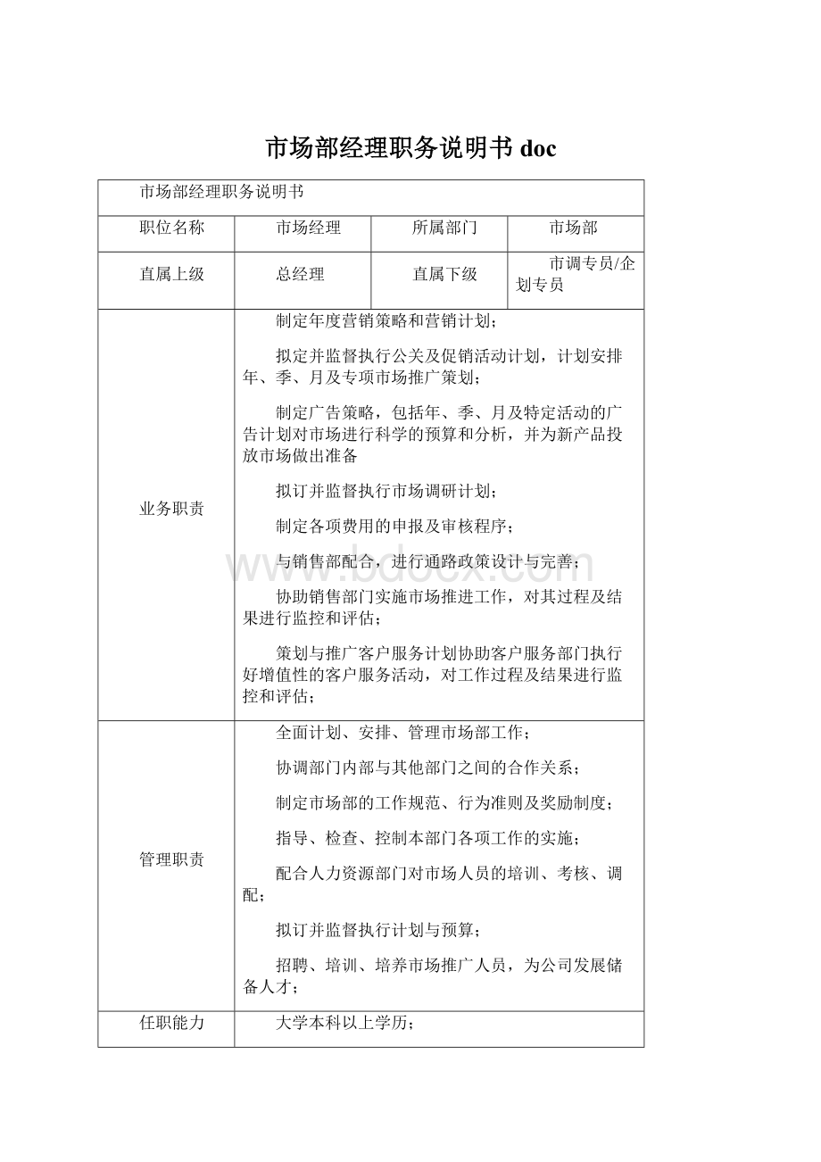 市场部经理职务说明书doc.docx_第1页