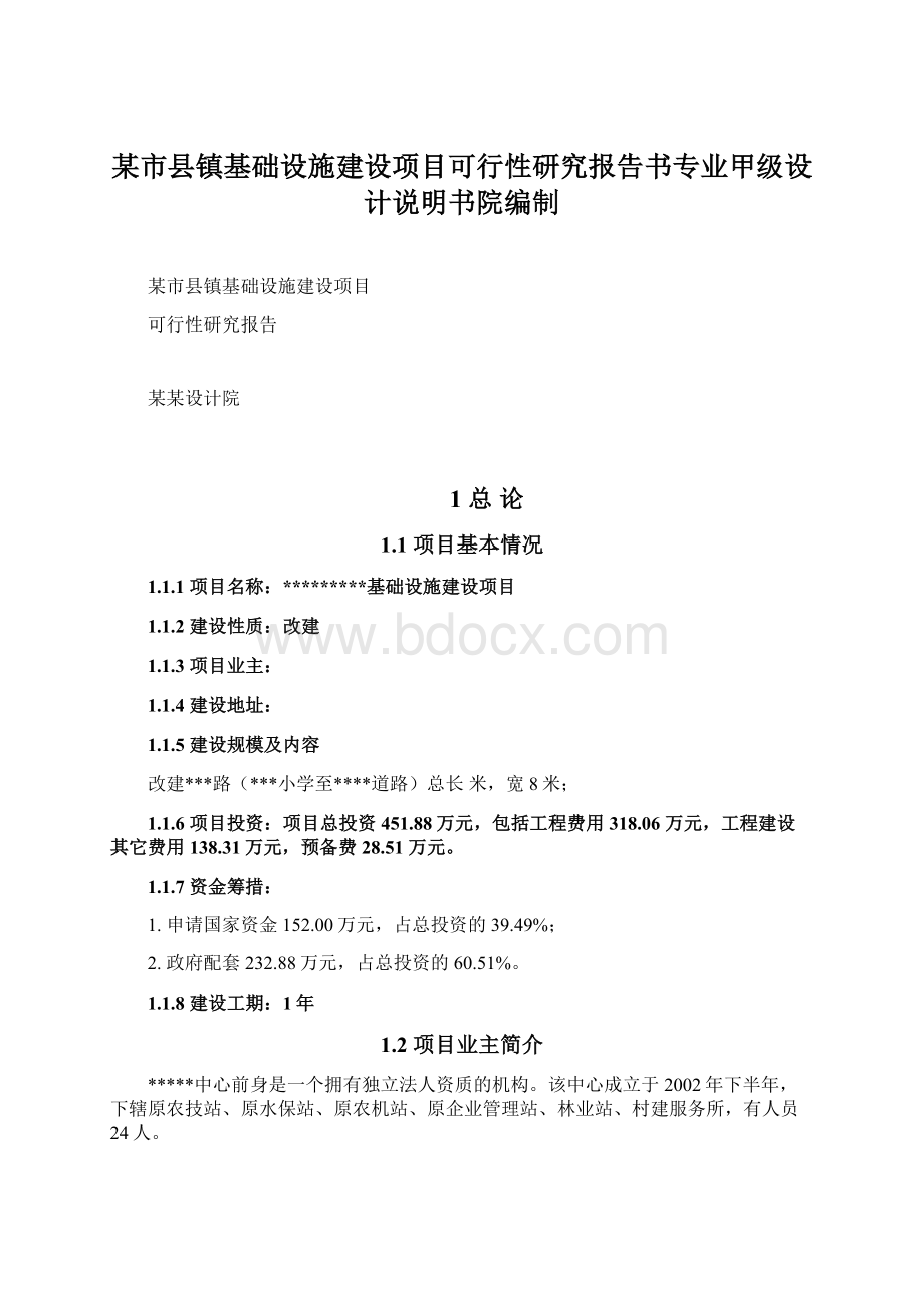 某市县镇基础设施建设项目可行性研究报告书专业甲级设计说明书院编制Word下载.docx