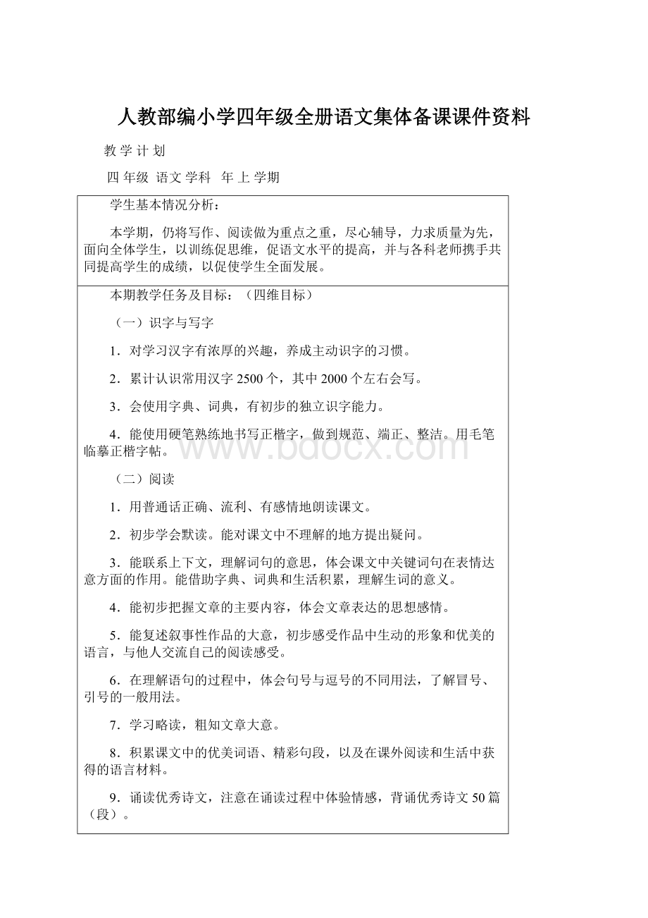 人教部编小学四年级全册语文集体备课课件资料.docx