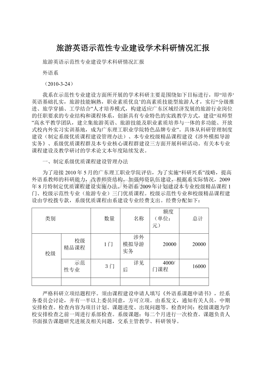 旅游英语示范性专业建设学术科研情况汇报.docx