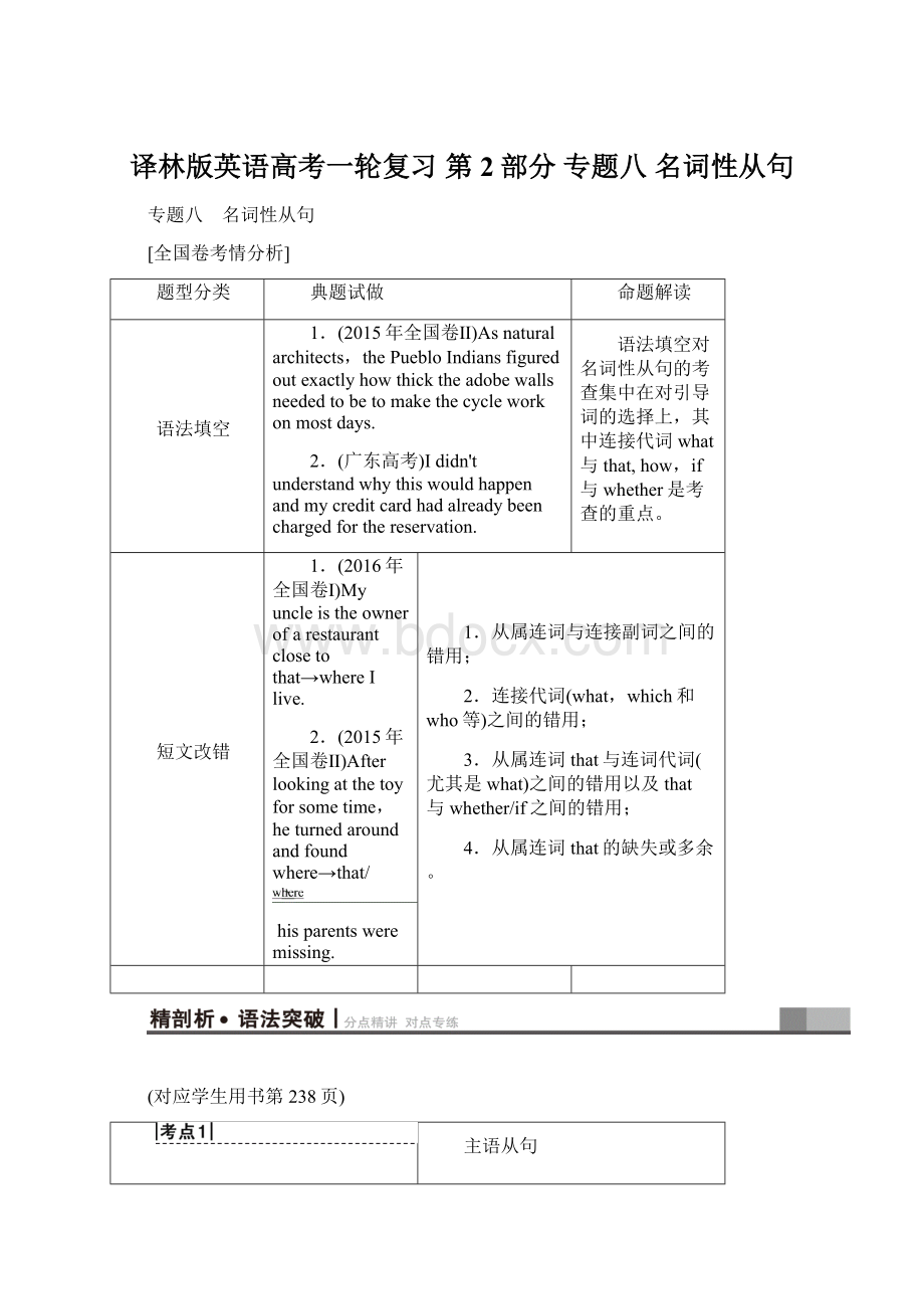 译林版英语高考一轮复习 第2部分 专题八 名词性从句Word文档下载推荐.docx