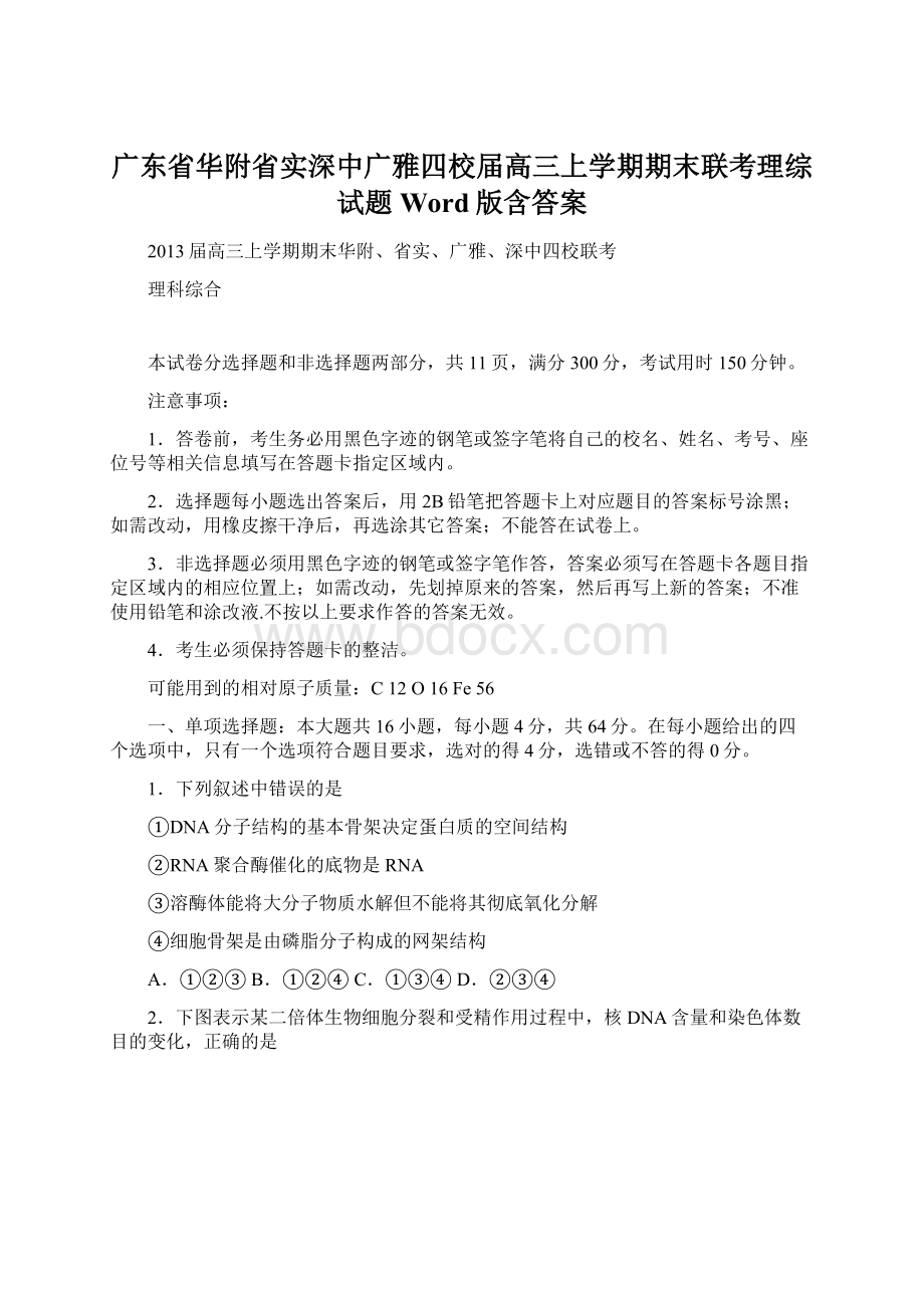 广东省华附省实深中广雅四校届高三上学期期末联考理综试题 Word版含答案Word下载.docx