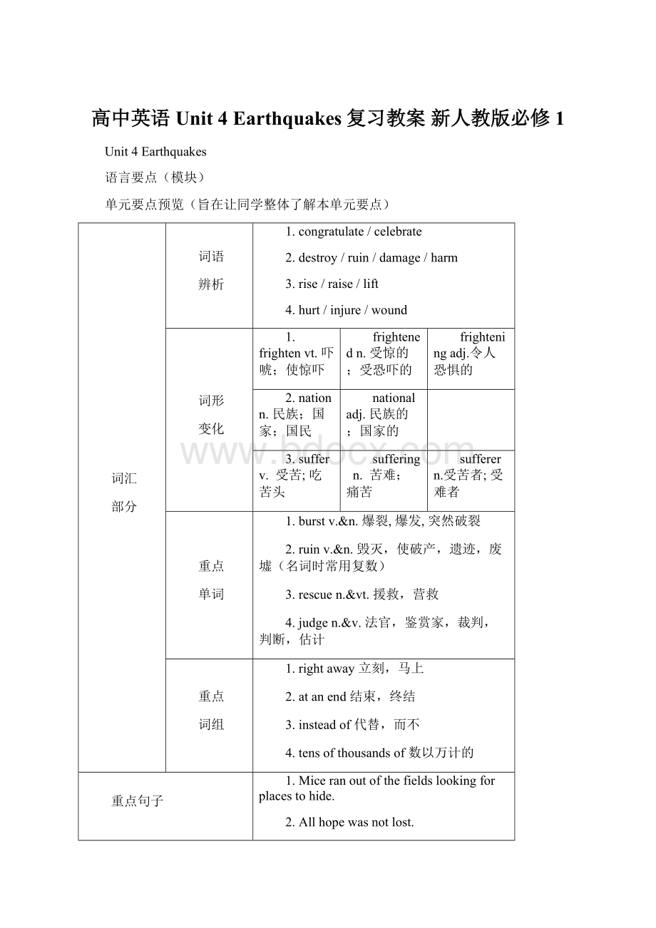 高中英语 Unit 4 Earthquakes复习教案 新人教版必修1Word格式文档下载.docx_第1页