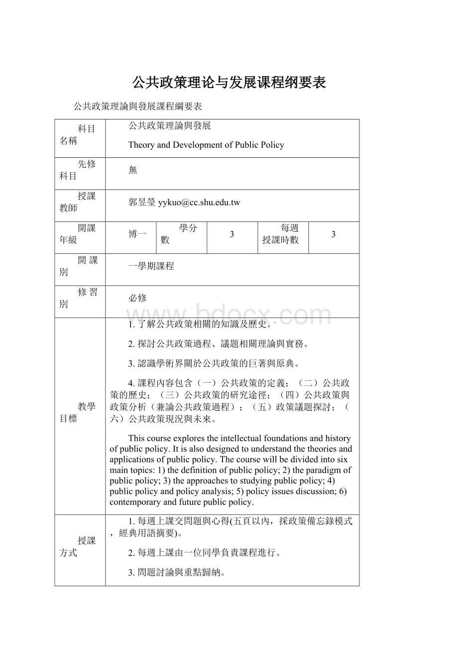 公共政策理论与发展课程纲要表Word文档格式.docx_第1页