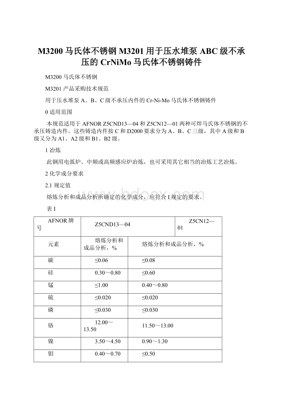 M3200 马氏体不锈钢 M3201 用于压水堆泵ABC级不承压的CrNiMo马氏体不锈钢铸件Word格式文档下载.docx_第1页