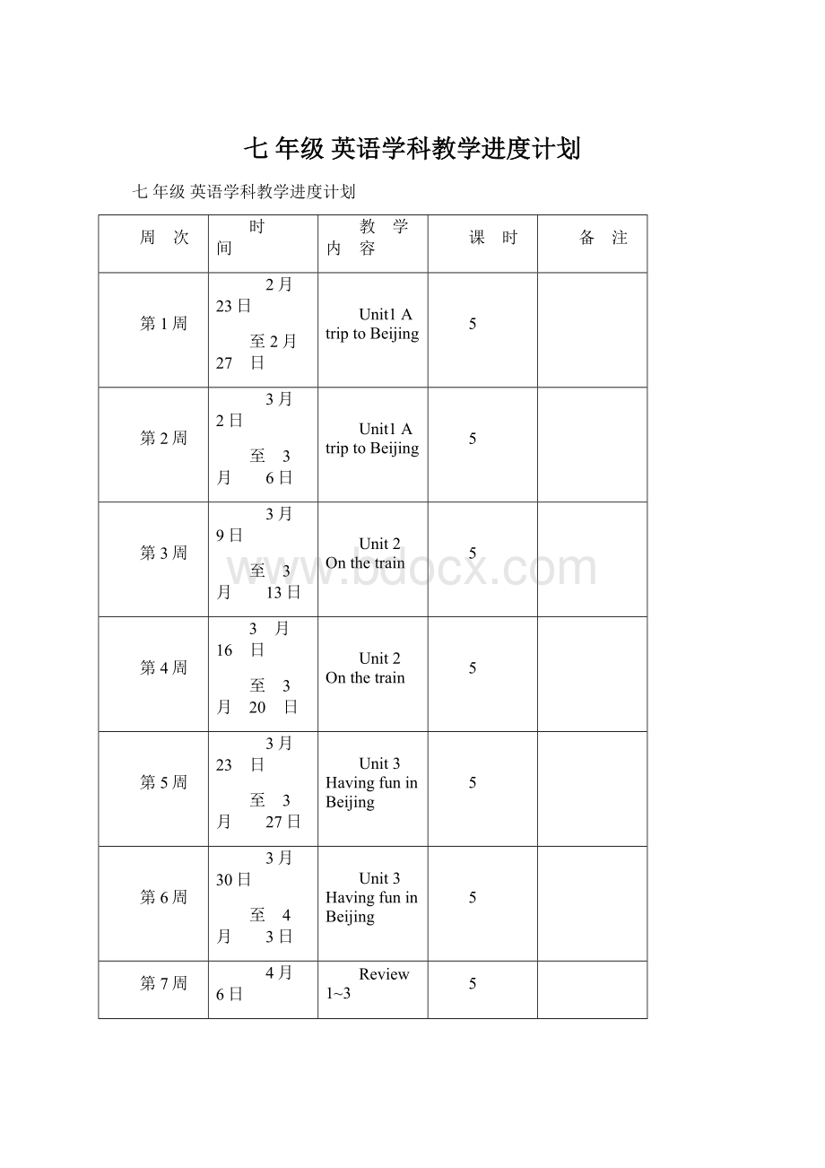 七 年级 英语学科教学进度计划Word文件下载.docx