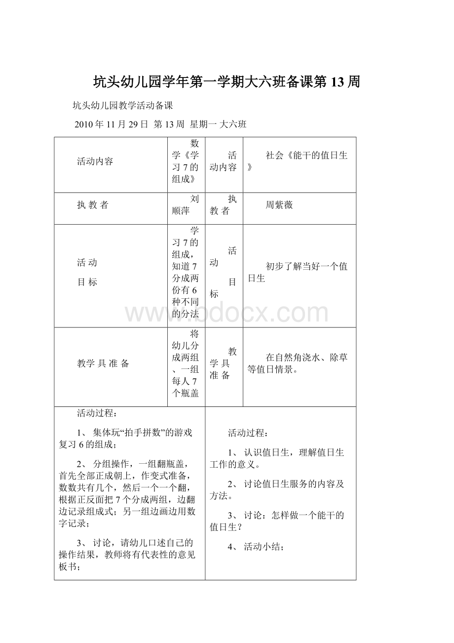 坑头幼儿园学年第一学期大六班备课第13周文档格式.docx