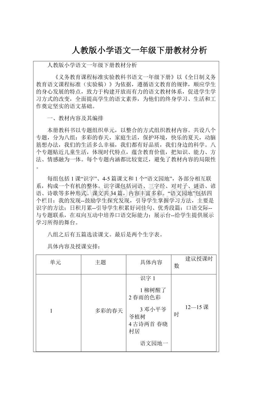 人教版小学语文一年级下册教材分析.docx