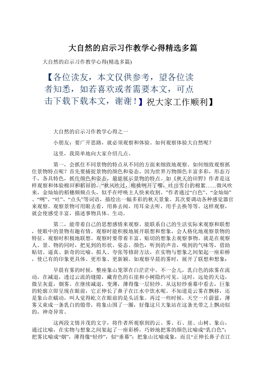 大自然的启示习作教学心得精选多篇.docx_第1页