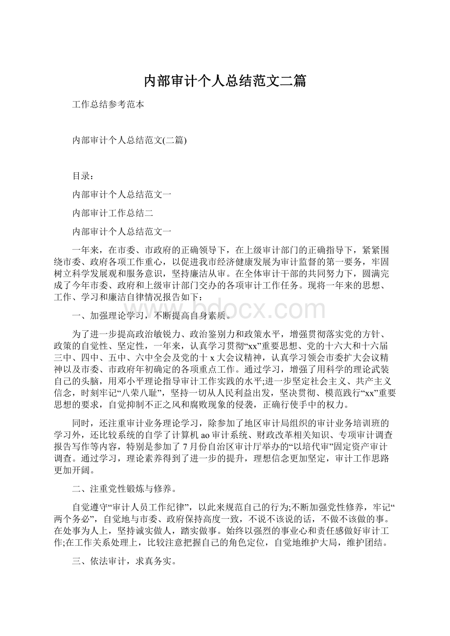 内部审计个人总结范文二篇Word文档下载推荐.docx