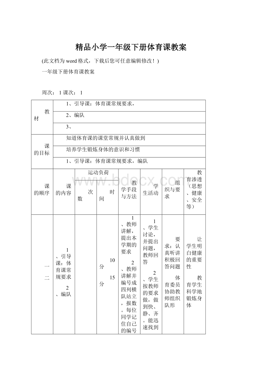 精品小学一年级下册体育课教案.docx_第1页