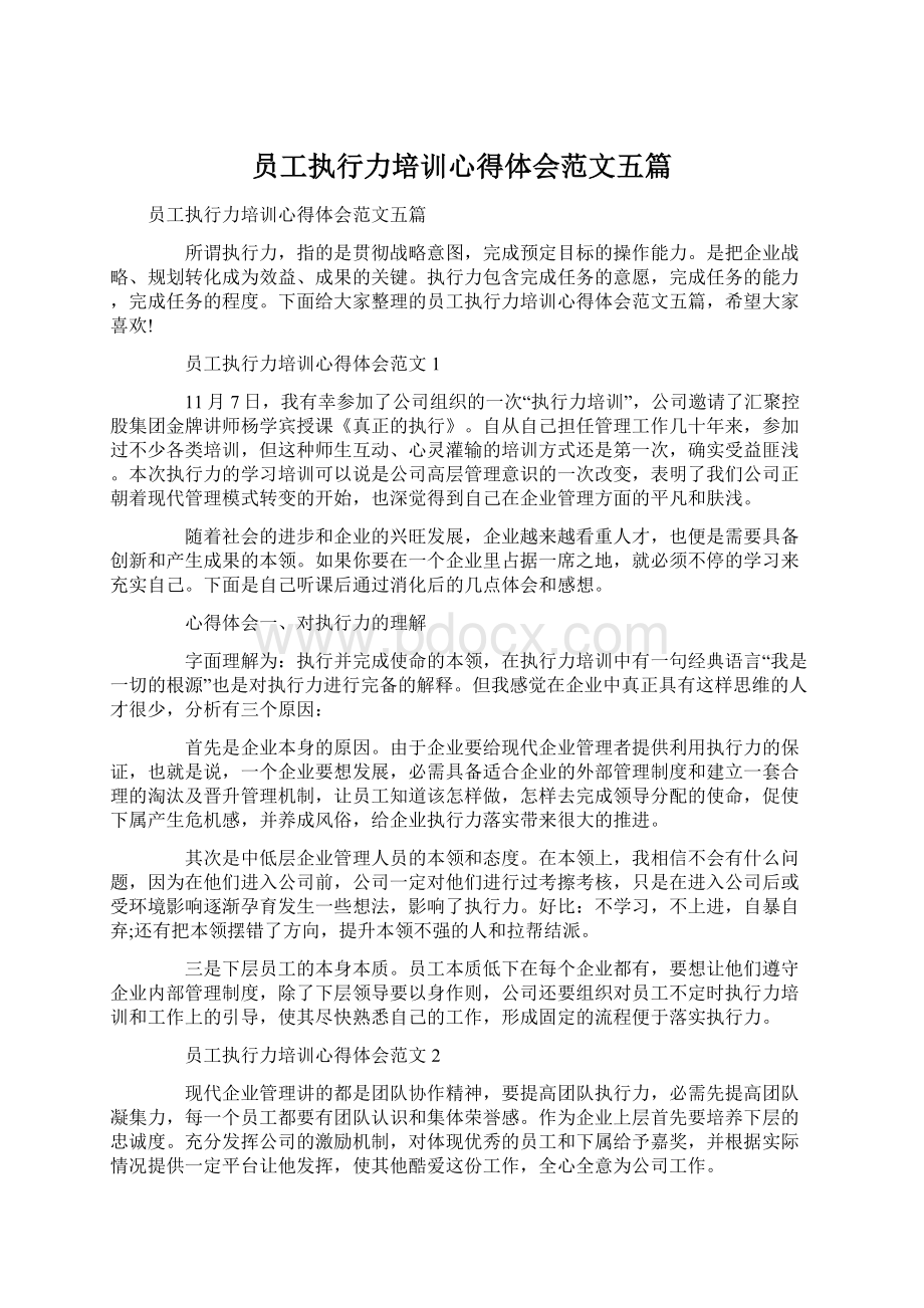 员工执行力培训心得体会范文五篇Word下载.docx_第1页