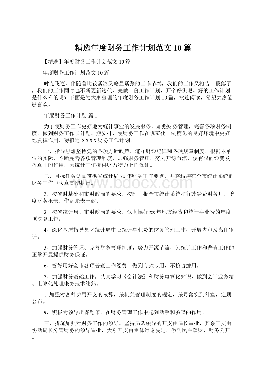 精选年度财务工作计划范文10篇文档格式.docx