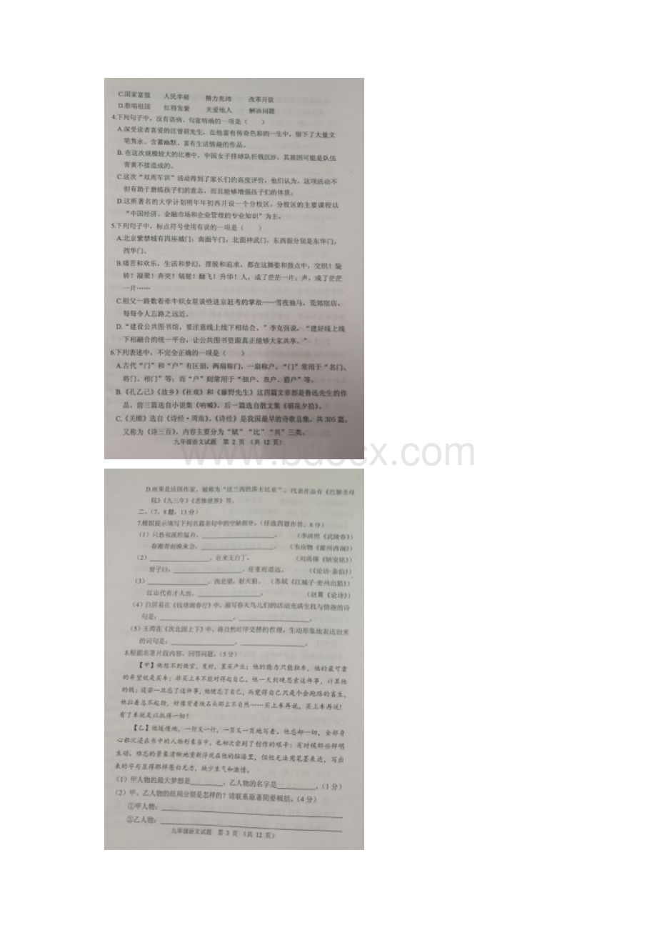 山东省寿光市届九年级语文学业水平模拟考试试题扫描版Word文件下载.docx_第2页