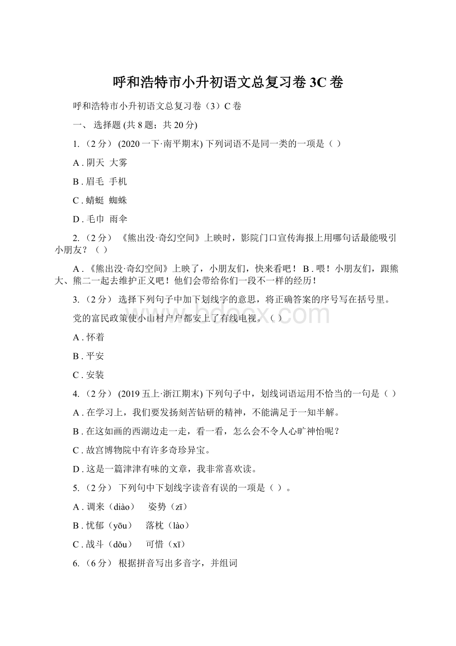 呼和浩特市小升初语文总复习卷3C卷Word文档下载推荐.docx_第1页