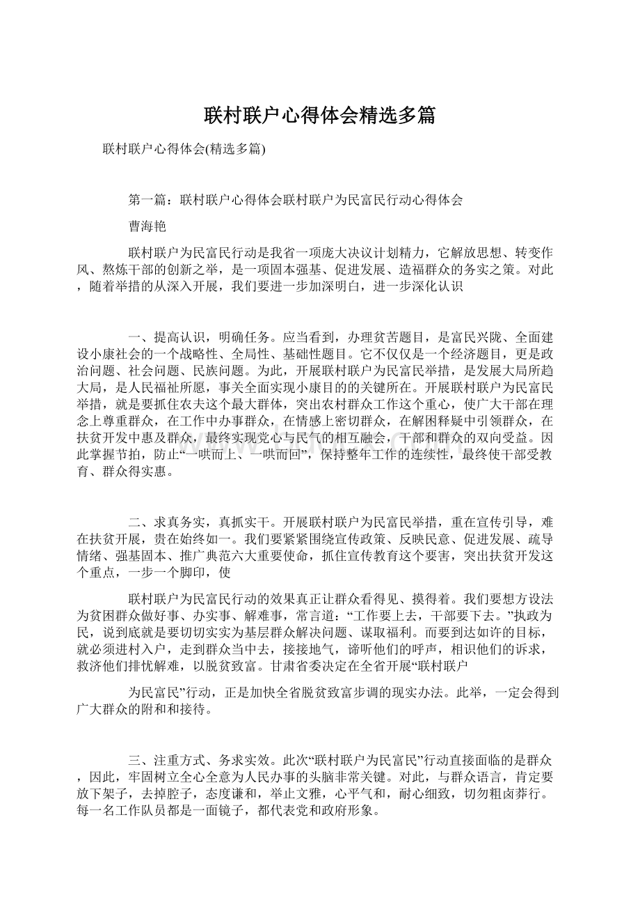 联村联户心得体会精选多篇文档格式.docx_第1页