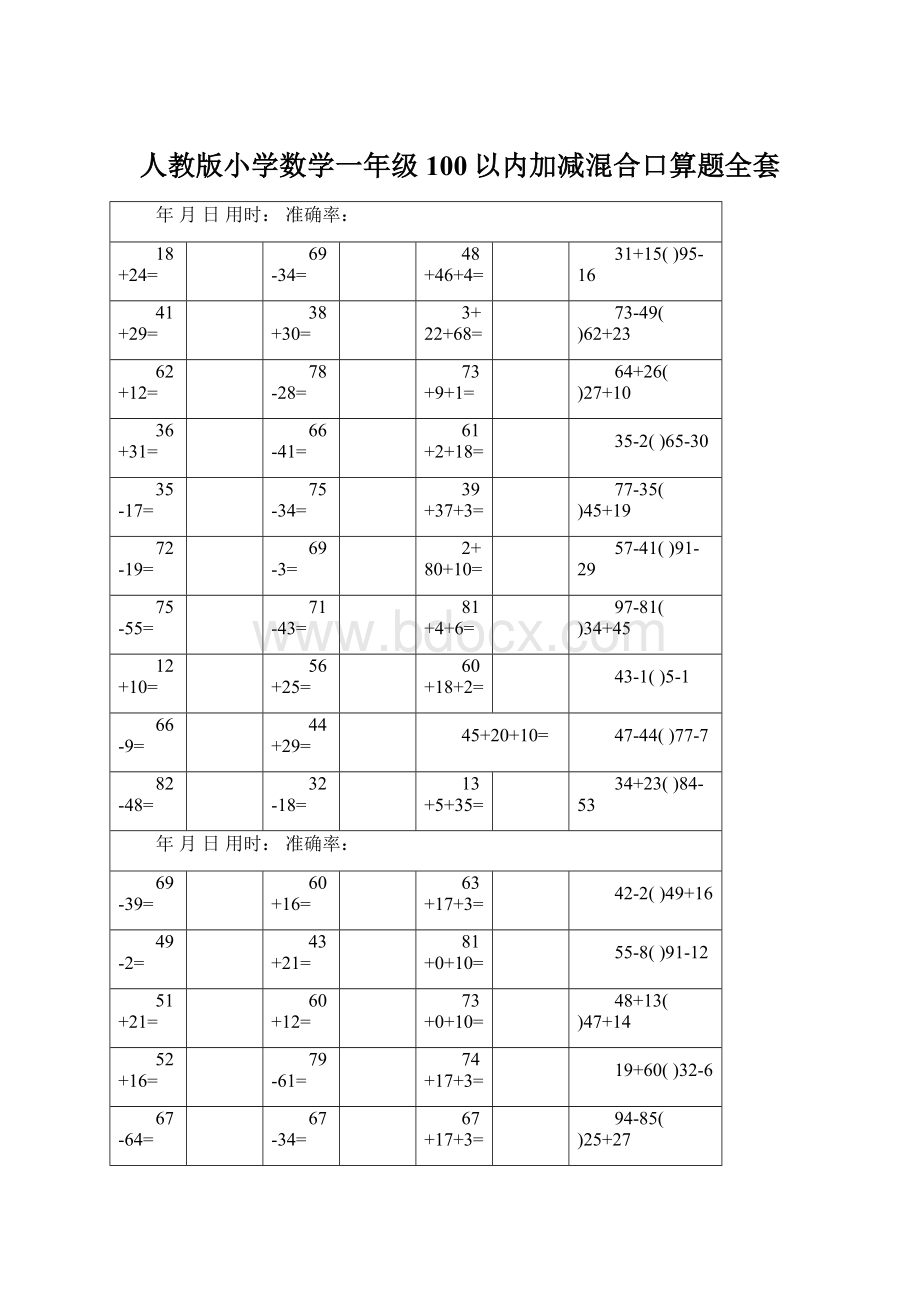 人教版小学数学一年级100以内加减混合口算题全套.docx_第1页