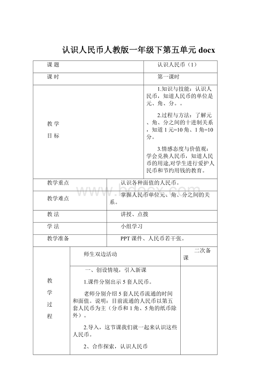 认识人民币人教版一年级下第五单元docxWord格式文档下载.docx_第1页