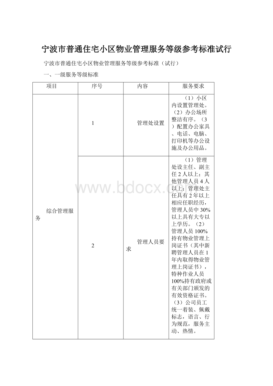 宁波市普通住宅小区物业管理服务等级参考标准试行Word格式文档下载.docx_第1页