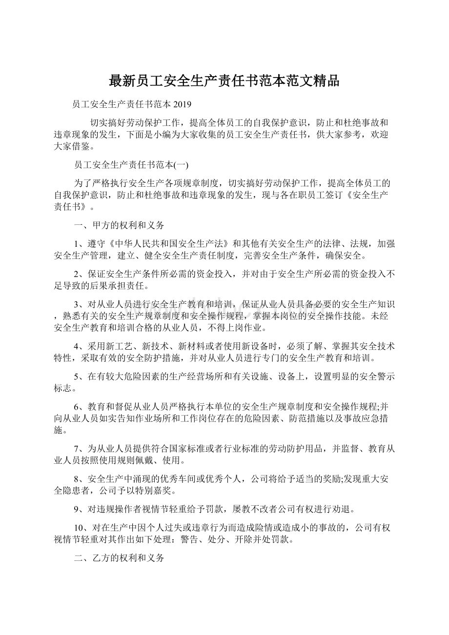 最新员工安全生产责任书范本范文精品Word文档格式.docx