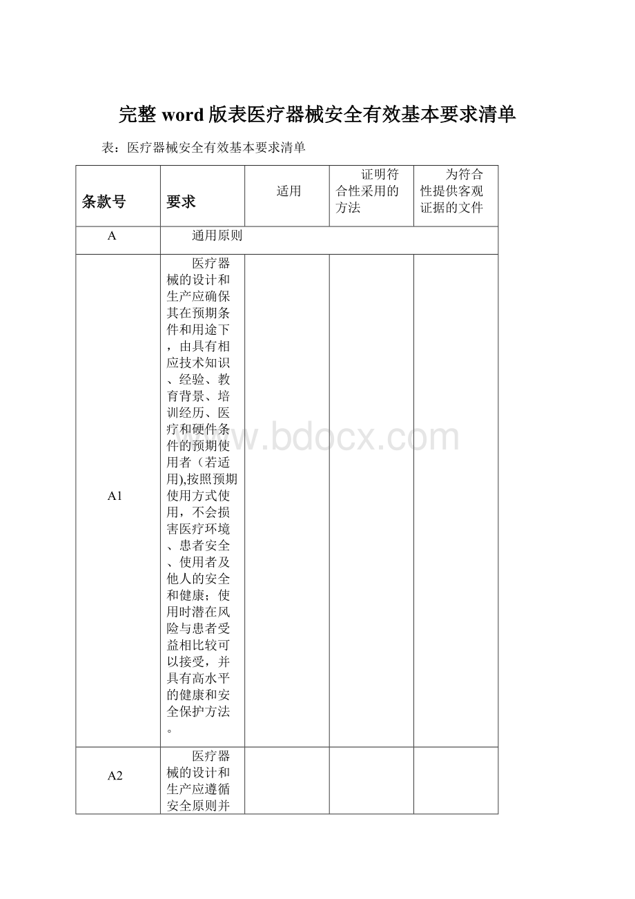 完整word版表医疗器械安全有效基本要求清单文档格式.docx_第1页