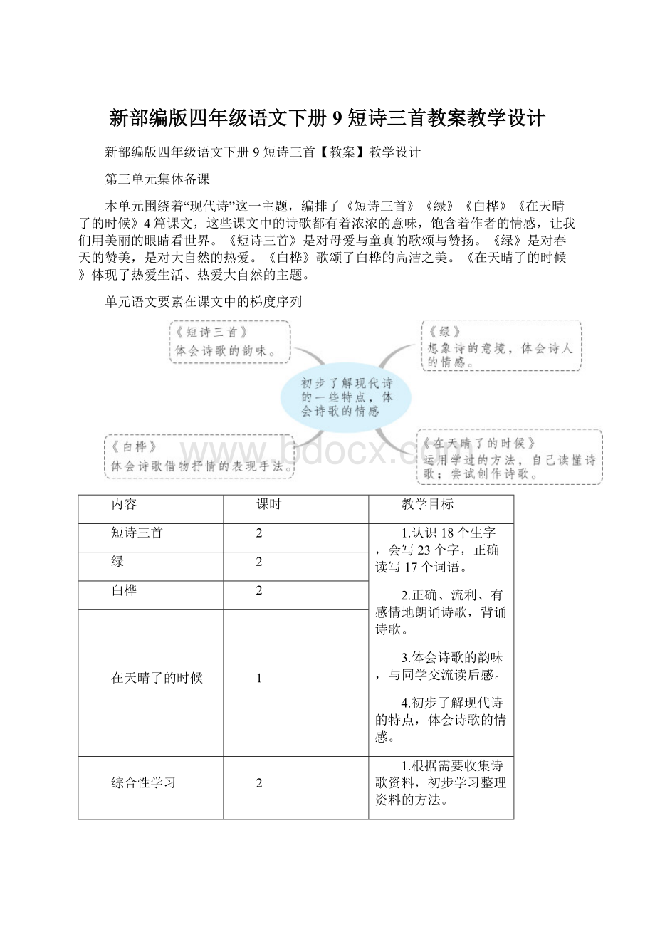 新部编版四年级语文下册9 短诗三首教案教学设计.docx